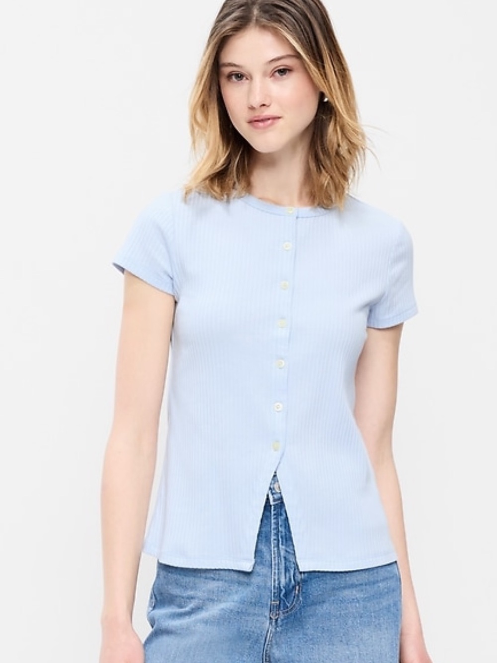 Old Navy Light Blue Ribbed Button-Front Short Sleeve Tee